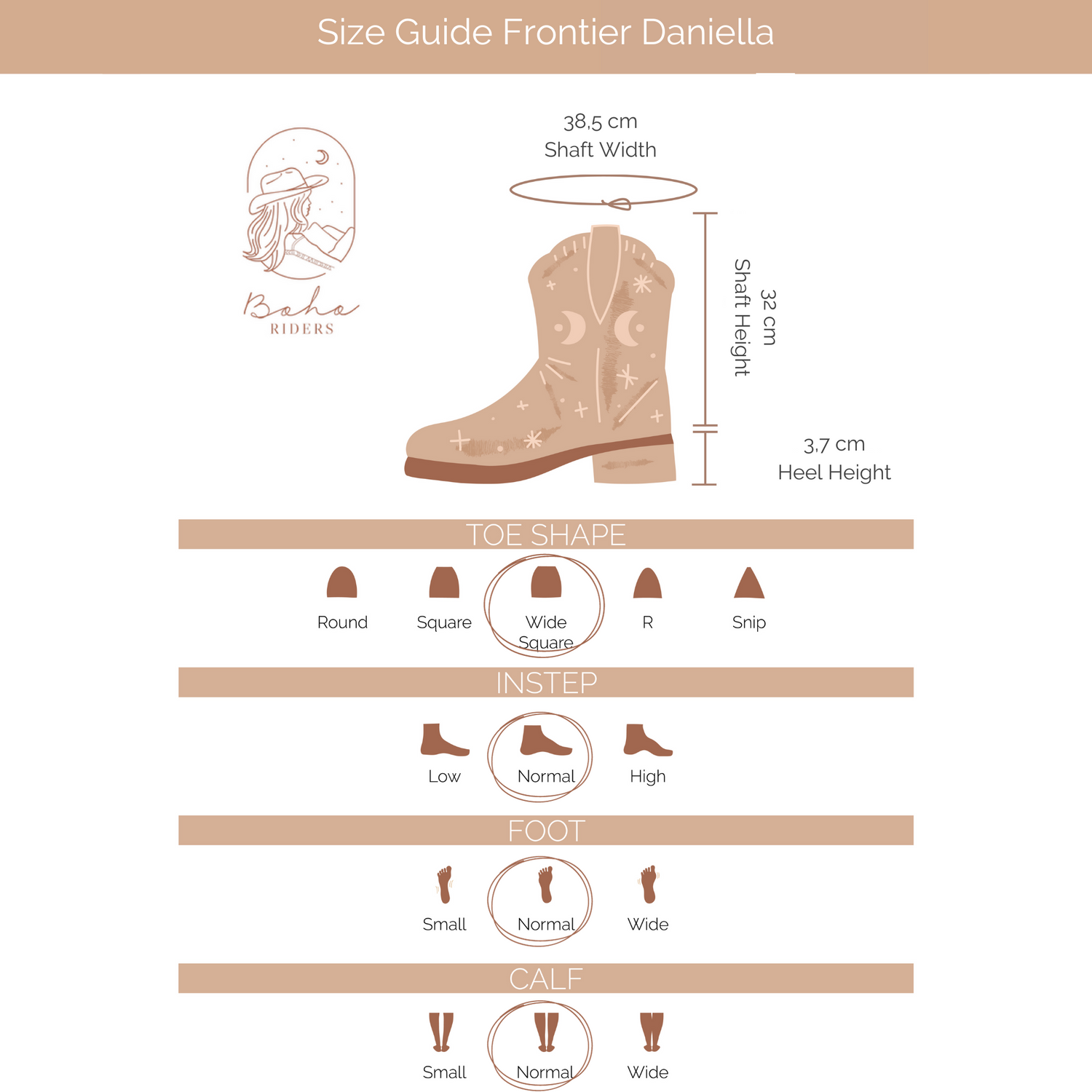 What you want to know about the fit ofAriat Frontier Daniella Western Boot - Riding boots - 12" shaft height - Brazen Tan / Sanded White